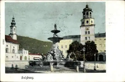 Ak Salzburg, Denkmal, Straßenansicht, Berge, Brunnen