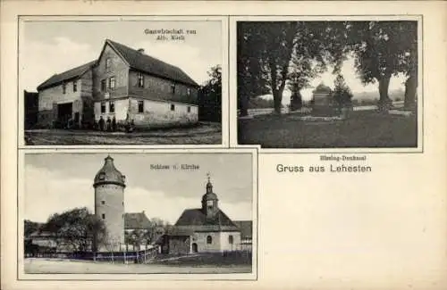 Ak Lehesten im Thüringer Wald, Gastwirtschaft von Alb. Koch, Schloss und Kirche, Bissing-Denkmal