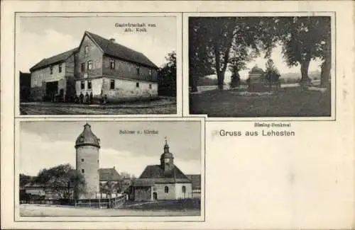 Ak Lehesten im Thüringer Wald, Gastwirtschaft von Alb. Koch, Schloss u. Kirche, Blasing-Denkmal
