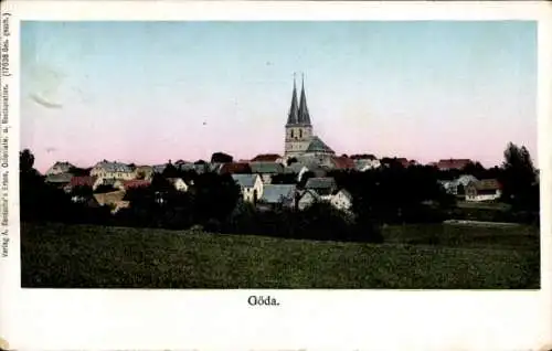 Ak Göda in der Oberlausitz, Farbige Landschaft mit Kirche, Häusern und Wiesen, ruhige Atmosphäre