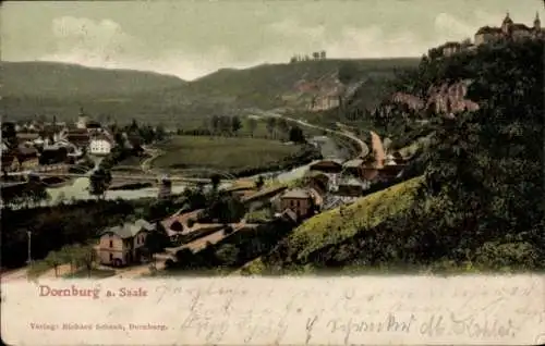 Ak Dornburg an der Saale Thüringen, Aussicht auf Dornburg, Saale, Fluss, Berge, Landschaft, Gebäu