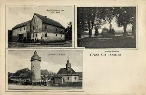 Ak Lehesten im Thüringer Wald, Gastwirtschaft von Alb. Koch, Bissing-Denkmal, Schloss und Kirche