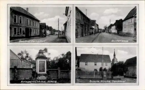 Ak Bernsdorf in der Oberlausitz, Dorfstrasse, Gasthof  Kriegerdenkmal 1914/18, Schule, Kirche