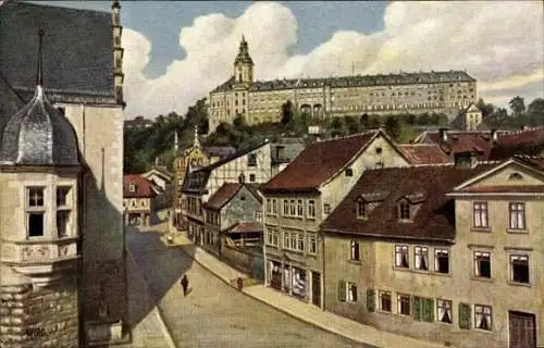 Ak Rudolstadt in Thüringen, Stadtansicht mit Häusern, Schloss im Hintergrund, Wolken