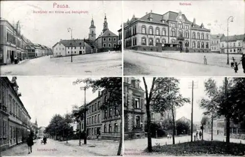 Ak Pausa im Vogtland, Marktplatz mit Kirche und Amtsgericht, Rathaus, Bahnhofstraße,  Architektur