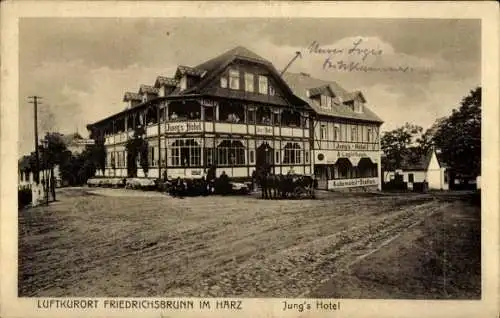 Ak Friedrichsbrunn Thale im Harz, Jung's Hotel, Luftkurort Friedrichsbrunn, Pferde vor dem Hotel