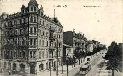 Ak Halle an der Saale, Magdeburgerstraße, Historische Architektur, Straßenbahn