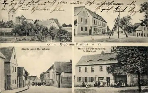 Ak Krumpa im Geiseltal Braunsbedra im Saalekreis, Vierteilige , Kirche mit Schule, Straße nach Me