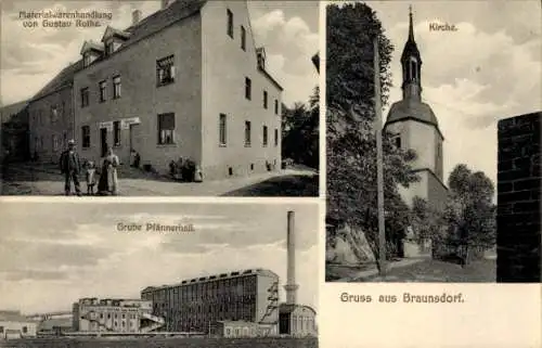 Ak Braunsdorf Wilsdruff Sachsen, Materialwarenhandlung, Grube Pfännerhall, Kirche, Gruss aus Brau