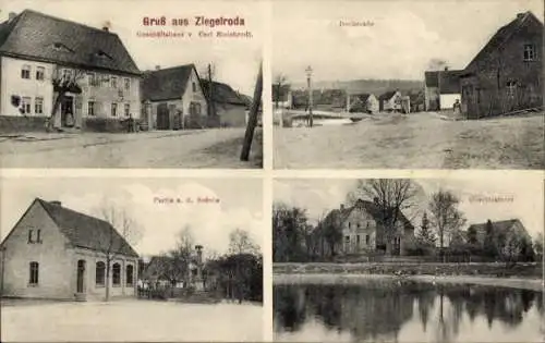 Ak Ziegelroda Querfurt im Saalekreis, Gruß aus  Geschäftshaus, Dorstraße, Partie a. d. Sobule, Ob