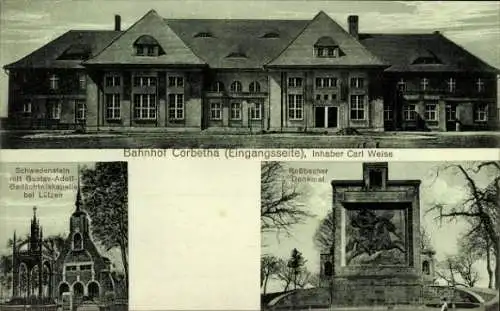 Ak Corbetha Korbetha Schkopau im Saalekreis, Bahnhof, Schwedenstein, Kapelle, Denkmal