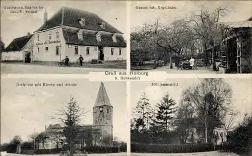 Ak Horburg Maßlau Leuna an der Saale, Gasthaus z. Ratskeller, Garten mit Kegelbahn, Dorfplatz mit