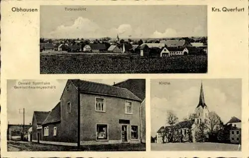 Ak Querfurt im Saalekreis, Obhausen, Totalansicht, Oswald Sperrhake, Gemischtwarengeschäft, Kirch