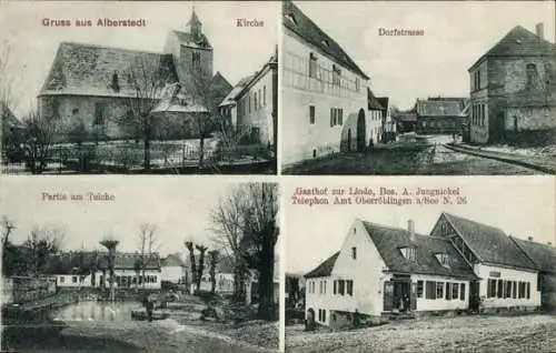 Ak Alberstedt Farnstädt im Saalekreis, Gruss aus  Kirche, Dorfstraße, Partie am Teiche, Gasthof z