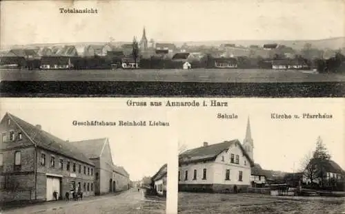 Ak Annarode Mansfeld, Totalansicht, Gruss aus  Geschäftshaus Reinhold Liebau, Schule, Kirche