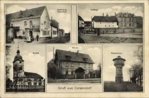 Ak Calzendorf Kalzendorf Steigra Saalekreis,  Kirche, Gasthof, Dorflage, Schule, Wasserturm, Gruß