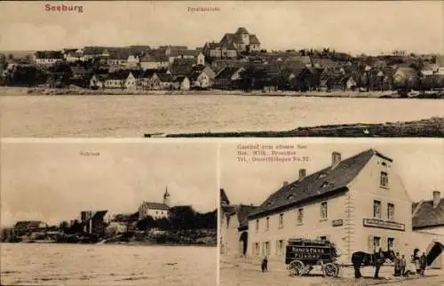 Ak Seeburg am süßen See Mansfelder Land, Panoramablick, Schloss, Gasthof zum süssen See, Werbung 