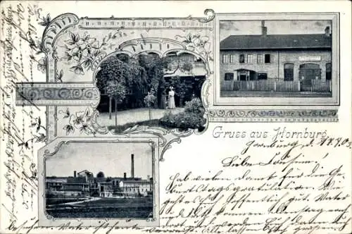 Ak Hornburg Mansfelder Land , Historisches Gebäude, Fabrikansicht, zwei Personen im Vorgarten