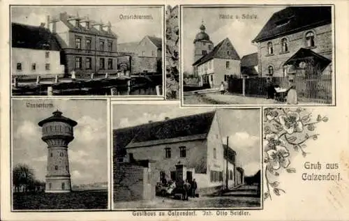 Ak Calzendorf Kalzendorf Steigra Saalekreis,  mit Wasserturm, Ortsrichteramt, Kirche, Gasthaus, G