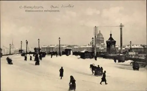 Ak Sankt Petersburg Russland,  Nikolaevskaia Uferpromenade, Schnee,  Ansicht