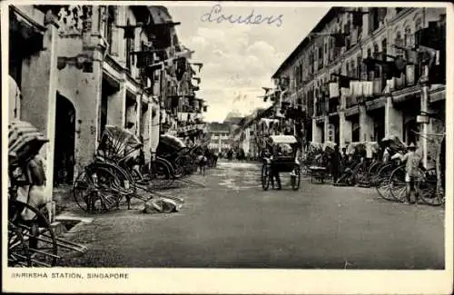 Ak Singapore Singapur , Jinrikisha Station, Straßenansicht, Menschen mit Rikschas