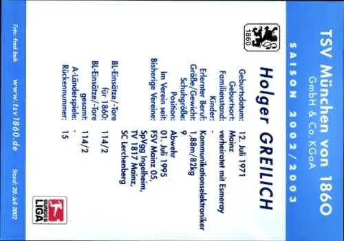 Autogrammkarte Fußballer Holger Greilich, TSV 1860 München, Autogramm