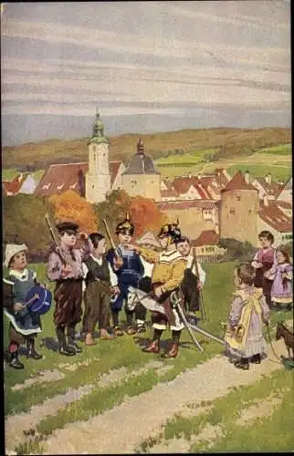 Lied Ak Hey, Paul, Wer will unter die Soldaten, Volksliederkarte Nr. 17, Kinder, Pickelhauben