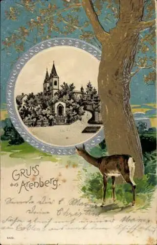 Ak Arenberg Koblenz am Rhein, Idyllische Landschaft, Kirche, Baum, Reh