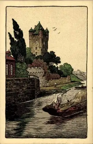 Ak Eltville am Rhein Hessen, Burg  Rhein, Boot auf dem Wasser, Baum, Häuser, Wolken, Vögel