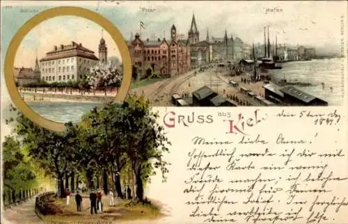 Litho Kiel, Hafenansicht, Schloss, Hafen