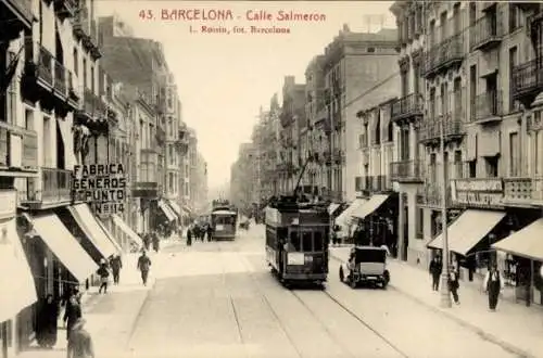 Ak Barcelona Katalonien Spanien, Calle Salmeron,  Stadtansicht, Tram, Läden