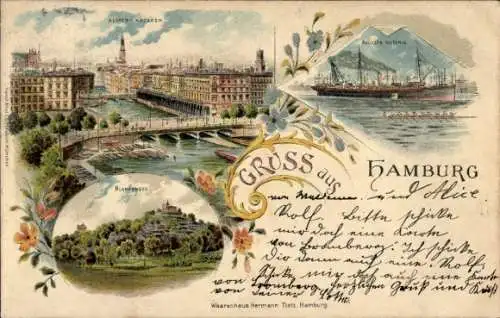 Litho Hamburg Blankenese, Gesamtansicht, Alster Arcarden, Blankenese, Schiffe
