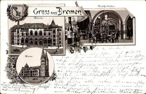 Ak Schnoor Bremen, Gruss aus  Börse, Rathskeller, Dom