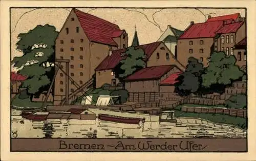 Steindruck Ak Bremen, Werder-Ufer