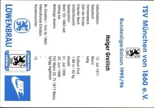 Autogrammkarte Fußballer Holger Greilich, TSV 1860 München, Autogramm