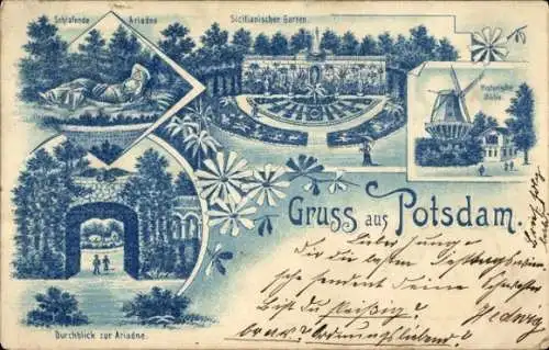 Litho Potsdam, Park Sanssouci, Sicilianischer Garten, Historische Mühle, Schlafende Ariadne