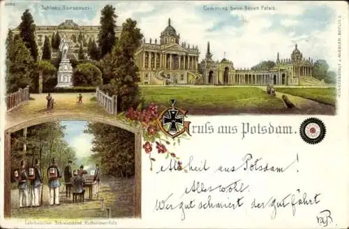Litho Potsdam in Brandenburg, Soldaten auf dem Schießplatz, Neues Palais, Schloss Sanssouci