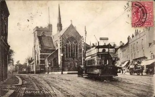 Ak Barnet London England, Kirche, Straßenbahn