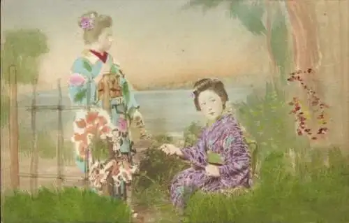 Ak Frauen in japanischer Tracht, Flusspartie