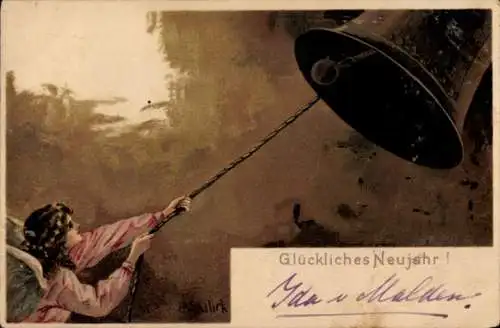 Künstler Ak Mailick, Glückwunsch Neujahr, Engel, Glocke