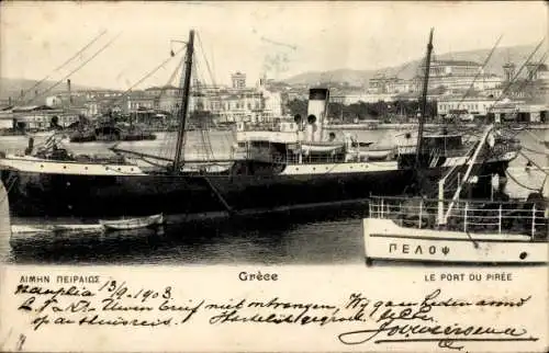 Ak Piräus Griechenland, Dampfer im Hafen, Blick zur Stadt
