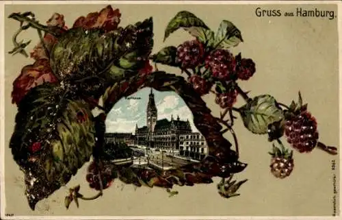 Beerenblatt Litho Hamburg Mitte Altstadt, Himbeere, Rathaus