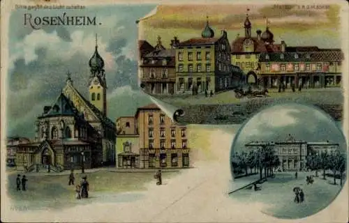 Halt gegen das Licht Litho Rosenheim Oberbayern, Kirche, Stadtansichten