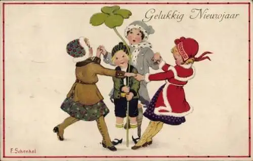 Künstler Ak Schenkel, Franziska, Glückwunsch Neujahr, Kleeblatt, Kinder
