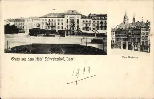 Ak Basel Stadt Schweiz, Hotel Schweizerhof, Rathaus