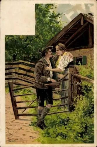 Präge Künstler Litho Mailick, Liebespaar, Zaun, Volkstrachten