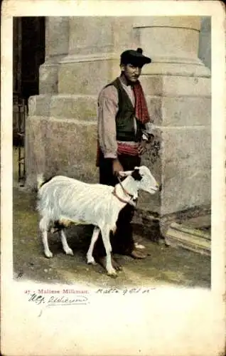 Ak Maltese Milkman, Mann mit Ziege