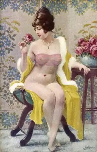 Künstler Ak Seebereer, J., Nackte Frau mit Rose, Erotik