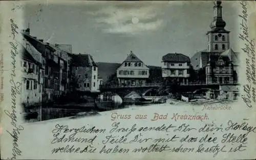 Mondschein Ak Bad Kreuznach in Rheinland Pfalz, Nahebrücke