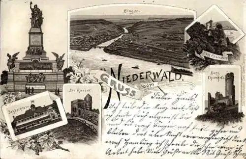 Vorläufer Litho Rüdesheim am Rhein in Hessen, Burg Rheinstein, Rossel, Niederwalddenkmal